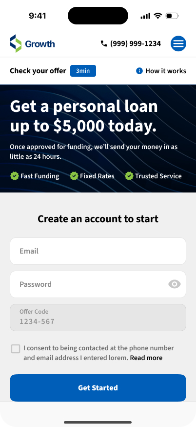 Digital lending platform, screen 1